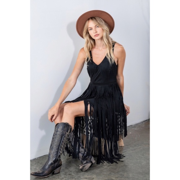 Dresses & Skirts - Black Faux Suede Western Fringe Sleeveless Southern Bohemian Dress